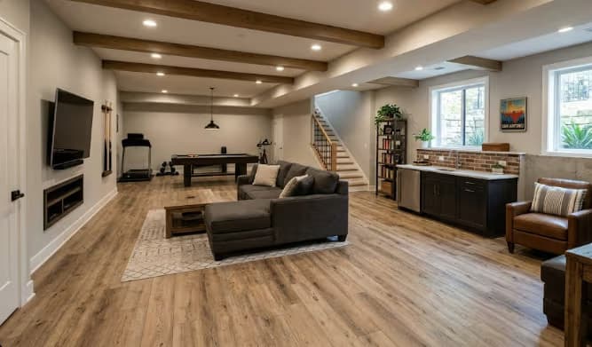 Master bedroom with warm wood floors
