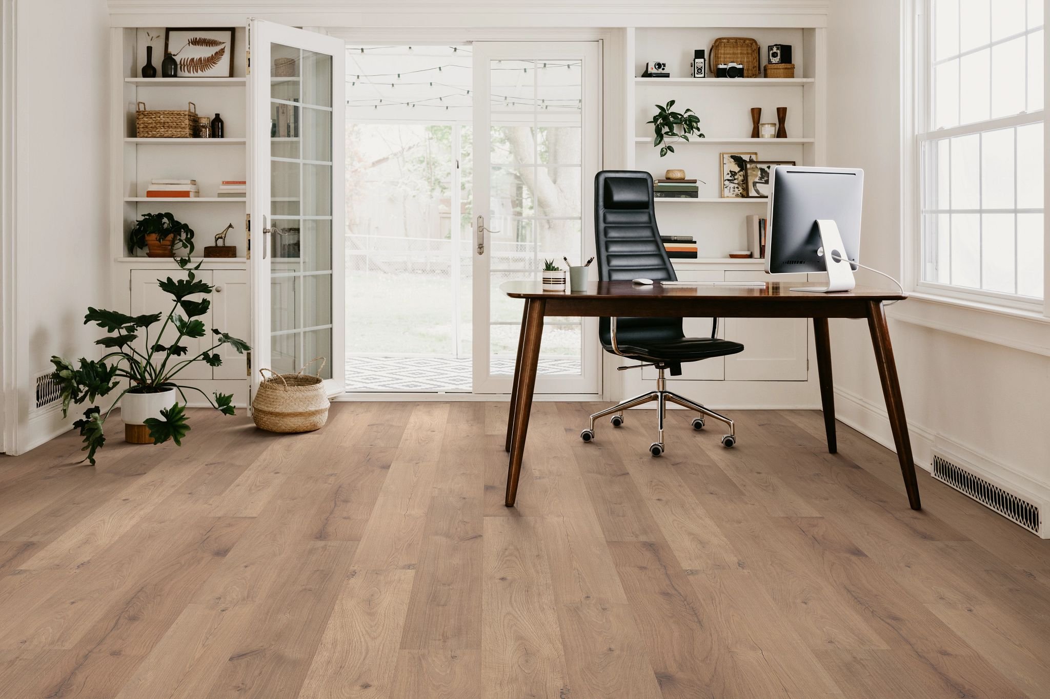 home office and desk on laminate floor